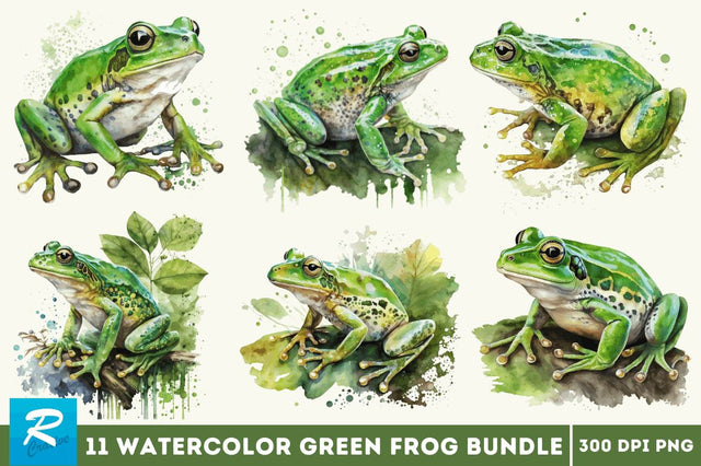 Watercolor Green Frog Clipart Bundle Sublimation Regulrcrative 