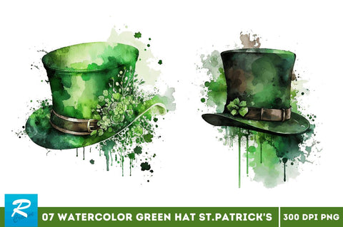 Watercolor Green Hat St.Patrick's Day Clipart Bundle Sublimation Regulrcrative 