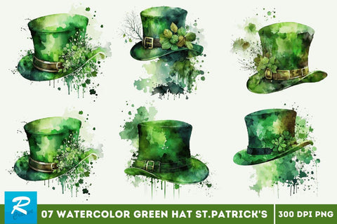 Watercolor Green Hat St.Patrick's Day Clipart Bundle Sublimation Regulrcrative 