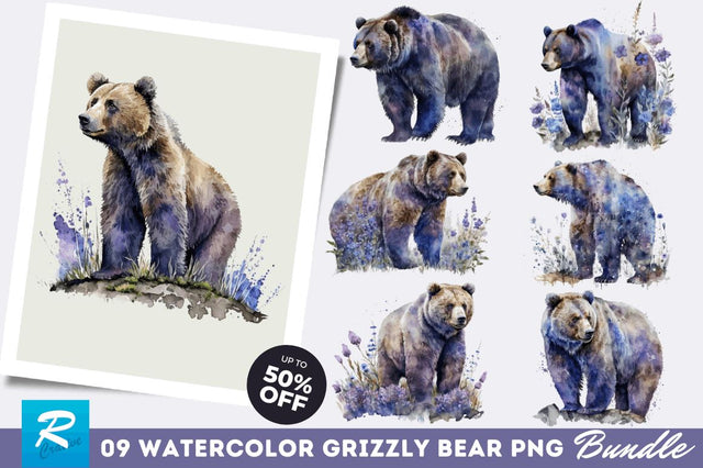 Watercolor Grizzly Bear Clipart Bundle Sublimation Regulrcrative 