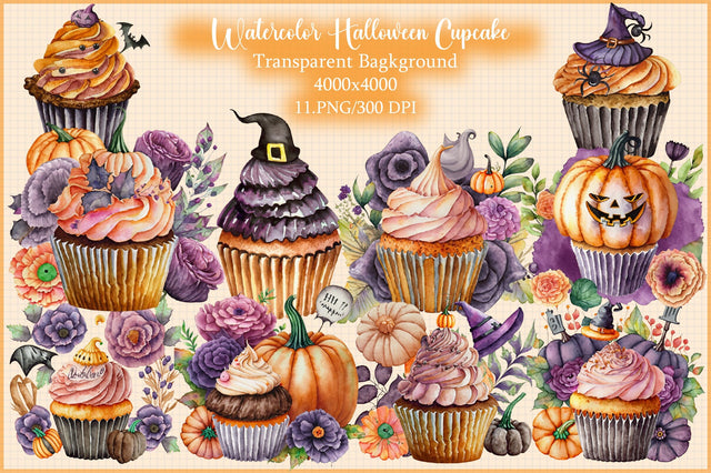 Watercolor Halloween Cupcake and Clipart Sublimation Creativeart88 