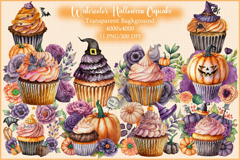 Watercolor Halloween Cupcake and Clipart Sublimation Creativeart88 