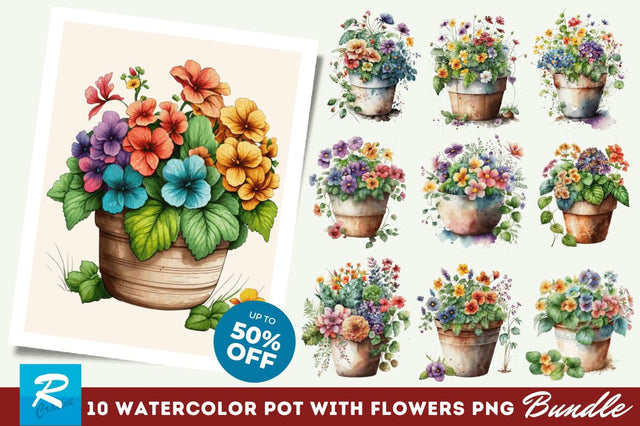 Watercolor Hand Draw Flowers Pot Clipart Sublimation Regulrcrative 