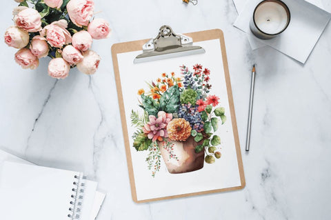 Watercolor Hand Draw Flowers Pot Clipart Sublimation Regulrcrative 