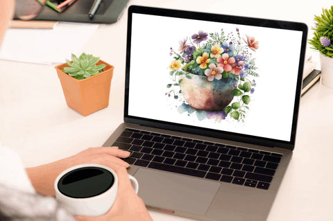 Watercolor Hand Draw Flowers Pot Clipart Sublimation Regulrcrative 