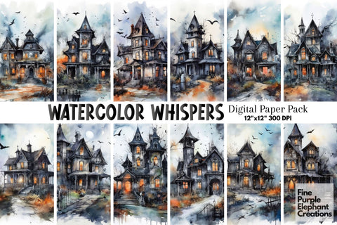 Watercolor Haunted House | Halloween Background Digital Pattern Fine Purple Elephant Creations 