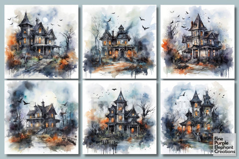 Watercolor Haunted House | Halloween Background Digital Pattern Fine Purple Elephant Creations 