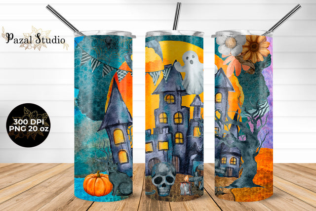 Watercolor Haunted House On Halloween Night 20 oz Skinny Tumbler Wrap Sublimation Template Sublimation Pazal Studio 