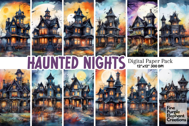 Watercolor Haunted Mansion | Halloween Background Digital Pattern Fine Purple Elephant Creations 