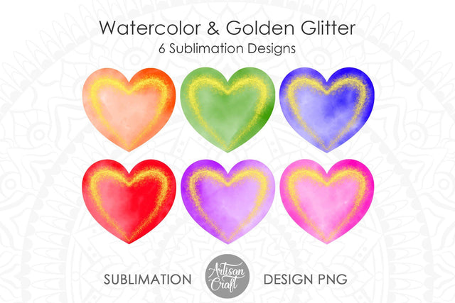 Watercolor hearts, glitter hearts, sublimation png SVG Artisan Craft SVG 