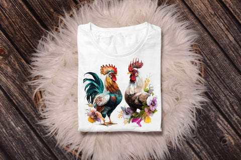 Watercolor Hens and Roosters Clipart Bundle Sublimation Regulrcrative 