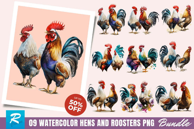 Watercolor Hens and Roosters Clipart Bundle Sublimation Regulrcrative 