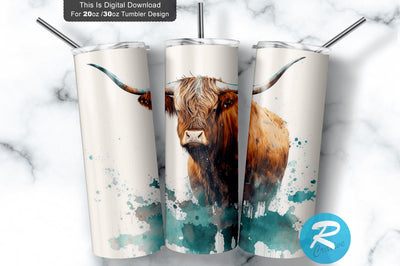 Watercolor Highland Cow 20 Oz / 30 Oz Tumbler PNG Sublimation Regulrcrative 