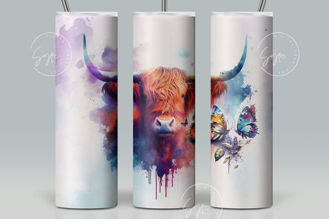 Watercolor Highland Cow Tumbler Wrap PNG, Butterfly, Dripping Paint Design, 20oz Skinny Tumbler Seamless Sublimation, Watercolor Cow Tumbler, DIGITAL DOWNLOAD. Sublimation Syre Digital Creations 