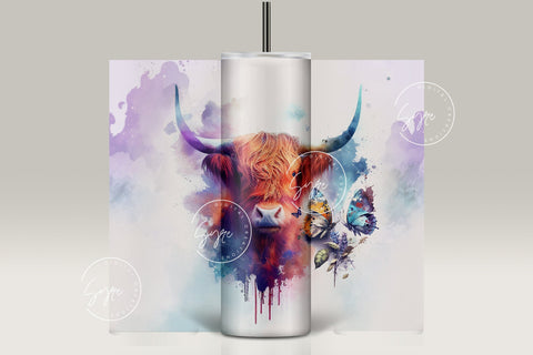 Watercolor Highland Cow Tumbler Wrap PNG, Butterfly, Dripping Paint Design, 20oz Skinny Tumbler Seamless Sublimation, Watercolor Cow Tumbler, DIGITAL DOWNLOAD. Sublimation Syre Digital Creations 