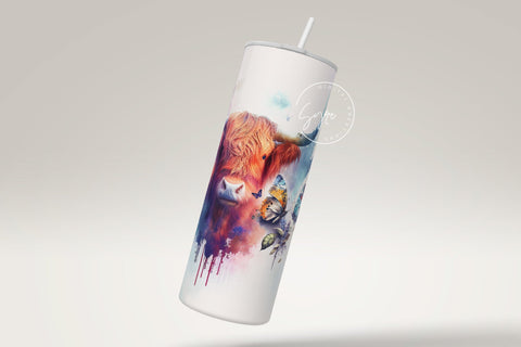 Watercolor Highland Cow Tumbler Wrap PNG, Butterfly, Dripping Paint Design, 20oz Skinny Tumbler Seamless Sublimation, Watercolor Cow Tumbler, DIGITAL DOWNLOAD. Sublimation Syre Digital Creations 