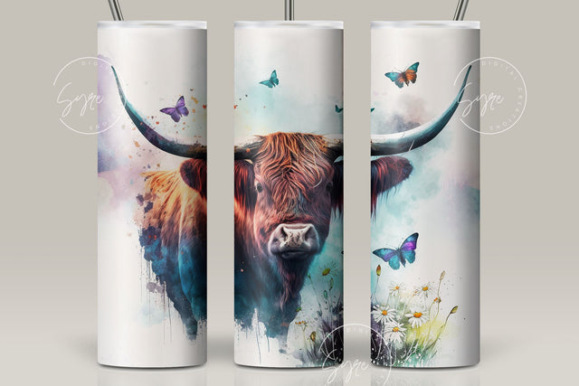 Watercolor Highland Cow Tumbler Wrap PNG, Butterfly, Dripping Paint Design, 20oz Skinny Tumbler Seamless Sublimation, Watercolor Cow Tumbler, DIGITAL DOWNLOAD. Sublimation Syre Digital Creations 