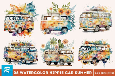 Watercolor Hippie Car for Summer Clipart Bundle Sublimation Regulrcrative 