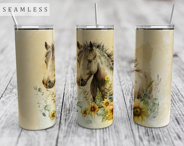 Watercolor Horse With Sunflowers, Seamless Tumbler Wrap, 20 Oz Skinny Tumbler Horse Design For Sublimation Sublimation HappyDesignStudio 
