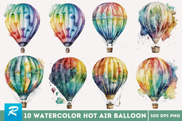 Watercolor Hot Air Balloon Clipart Bundle Sublimation Regulrcrative 