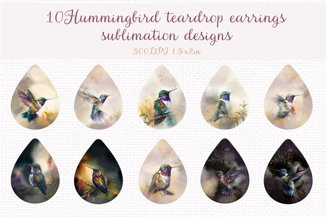 Watercolor hummingbird teardrop earrings sublimation design bundle Sublimation LuckyTurtleArt 