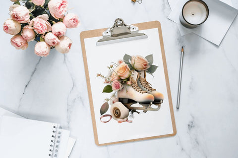 Watercolor Ice Skates and Roses Clipart Bundle Sublimation Regulrcrative 