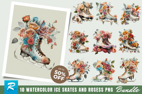 Watercolor Ice Skates and Roses Clipart Bundle Sublimation Regulrcrative 