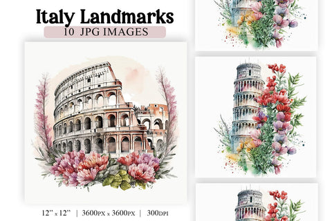 Watercolor Italy Landmarks Clipart, Italian Wall Art Sublimation BijouBay 