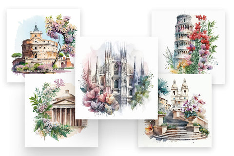 Watercolor Italy Landmarks Clipart, Italian Wall Art Sublimation BijouBay 