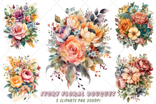 Watercolor Ivory Floral Bouquet Clipart Bundle, Sublimation, Ivory Floral Bouquet Sublimation FloridPrintables 