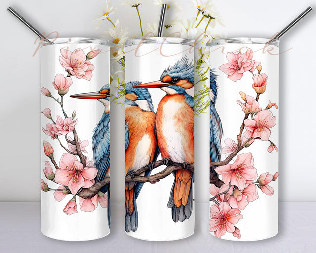 Watercolor Kingfishers 20oz Skinny Tumbler Png, Kingfisher Tumbler, Couple Kingfishers Tumbler, Kingfishers Flowers Png, Tropical Beautiful Bird Tumbler Design Sublimation PixelChick 