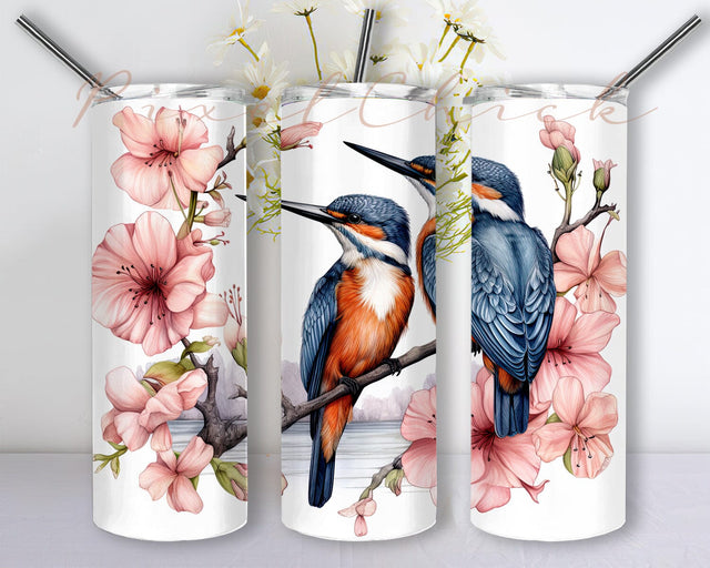 Watercolor Kingfishers 20oz Skinny Tumbler Png, Kingfisher Tumbler, Couple Kingfishers Tumbler, Kingfishers Flowers Png, Tropical Beautiful Bird Tumbler Design Sublimation PixelChick 