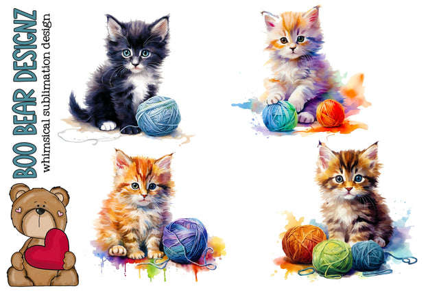 Watercolor kittens and yarn Clipart Sublimation Boo Bear Designz 