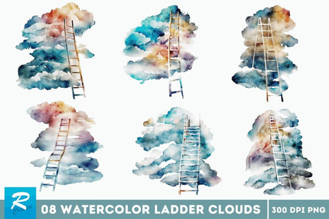 Watercolor Ladder Clouds Clipart Bundle Sublimation Regulrcrative 