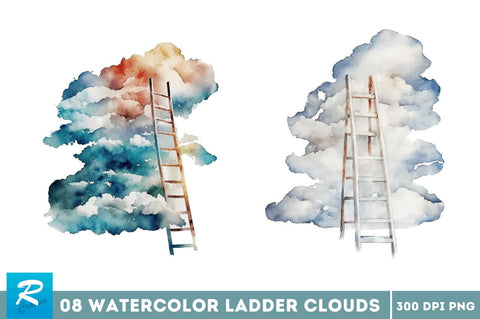 Watercolor Ladder Clouds Clipart Bundle Sublimation Regulrcrative 