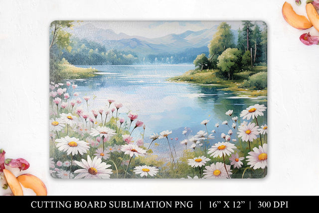 Watercolor Lake with Daisies Cutting Board Sublimation Sublimation BijouBay 