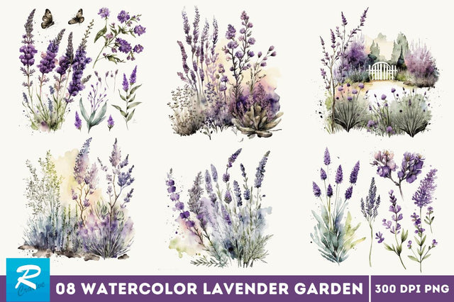 Watercolor Lavender Garden Clipart Bundle Sublimation Regulrcrative 