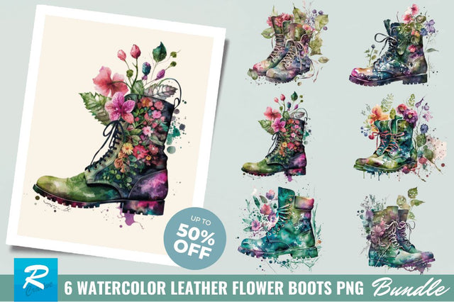 Watercolor Leather Flower Boots Clipart Bundle Sublimation Regulrcrative 
