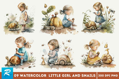 Watercolor Little Girl and Snails Clipart Bundle Sublimation Regulrcrative 