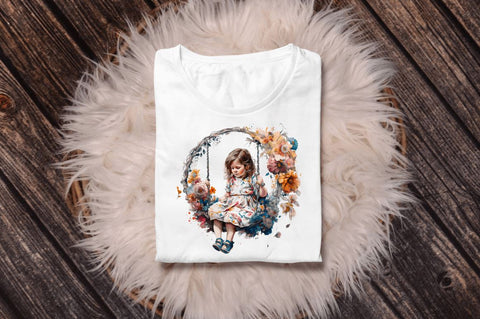Watercolor Little Girl and Swing Clipart Bundle Sublimation Regulrcrative 