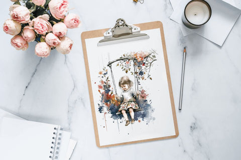Watercolor Little Girl and Swing Clipart Bundle Sublimation Regulrcrative 