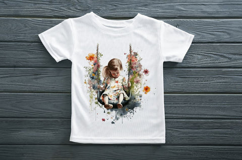 Watercolor Little Girl and Swing Clipart Bundle Sublimation Regulrcrative 