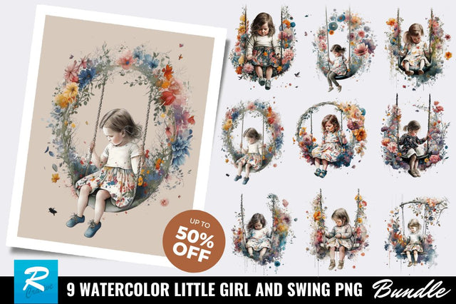 Watercolor Little Girl and Swing Clipart Bundle Sublimation Regulrcrative 