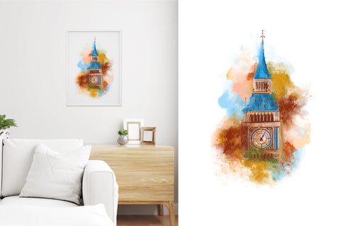 Watercolor London Big Ben fine art painting, print art png Sublimation LuckyTurtleArt 