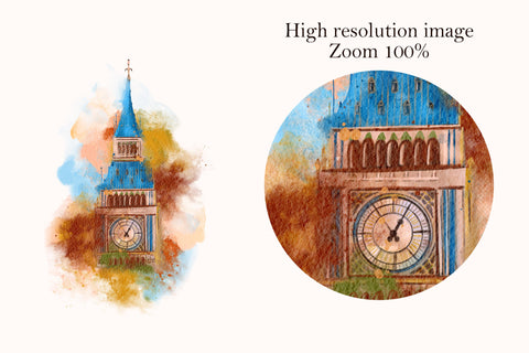 Watercolor London Big Ben fine art painting, print art png Sublimation LuckyTurtleArt 