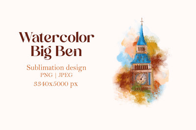 Watercolor London Big Ben fine art painting, print art png Sublimation LuckyTurtleArt 