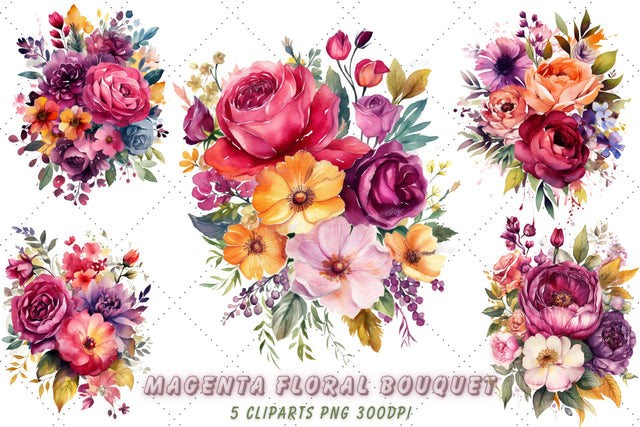 Watercolor Magenta Floral Bouquet Clipart Sublimation FloridPrintables 