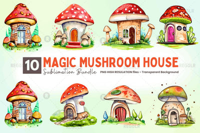 Watercolor Magic Mushroom House Clipart Bundle Sublimation Regulrcrative 