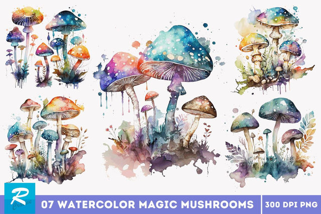 Watercolor Magic Mushrooms Clipart Bundle Sublimation Regulrcrative 