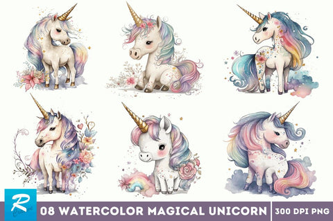 Watercolor Magical Unicorn Clipart Bundle Sublimation Regulrcrative 